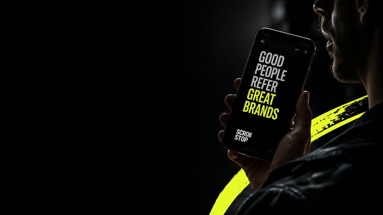A hand holding a phone that reads GOOD PEOPLE REFER GREAT BRANDS, with a yellow brush stroke.