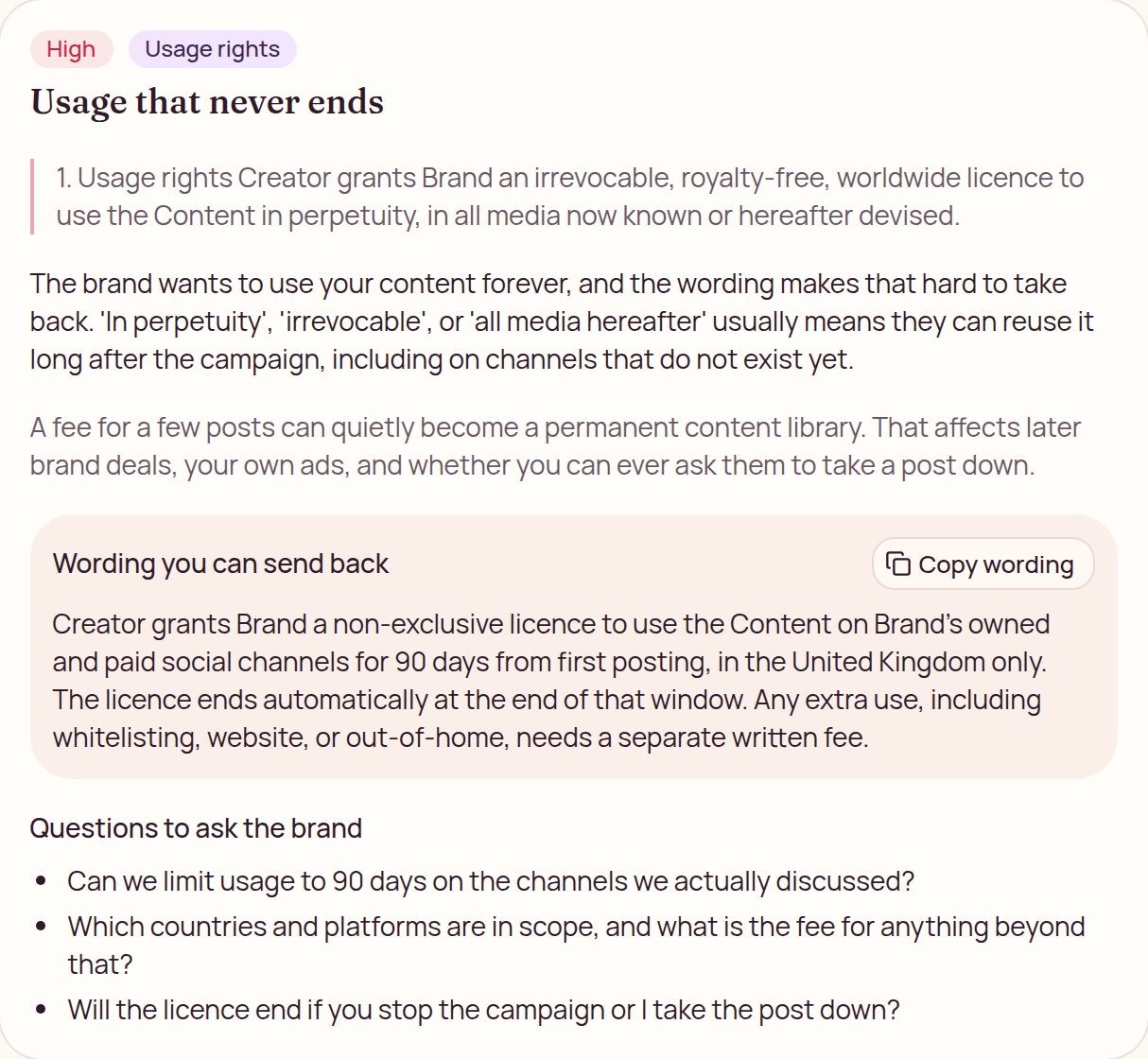 Deal Doctor screen flagging a perpetual usage clause as high on a fictional contract, with wording to send back.